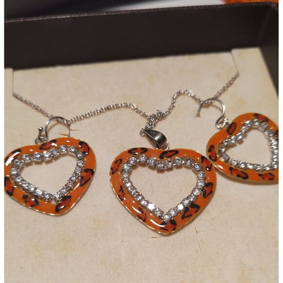 Women's Sterling Silver & Enamel Cubic Zirconia Earrings, Pendant & Necklace 15" - Picture 1 of 12